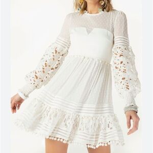 Design Pom pom embellished lace white mini dress